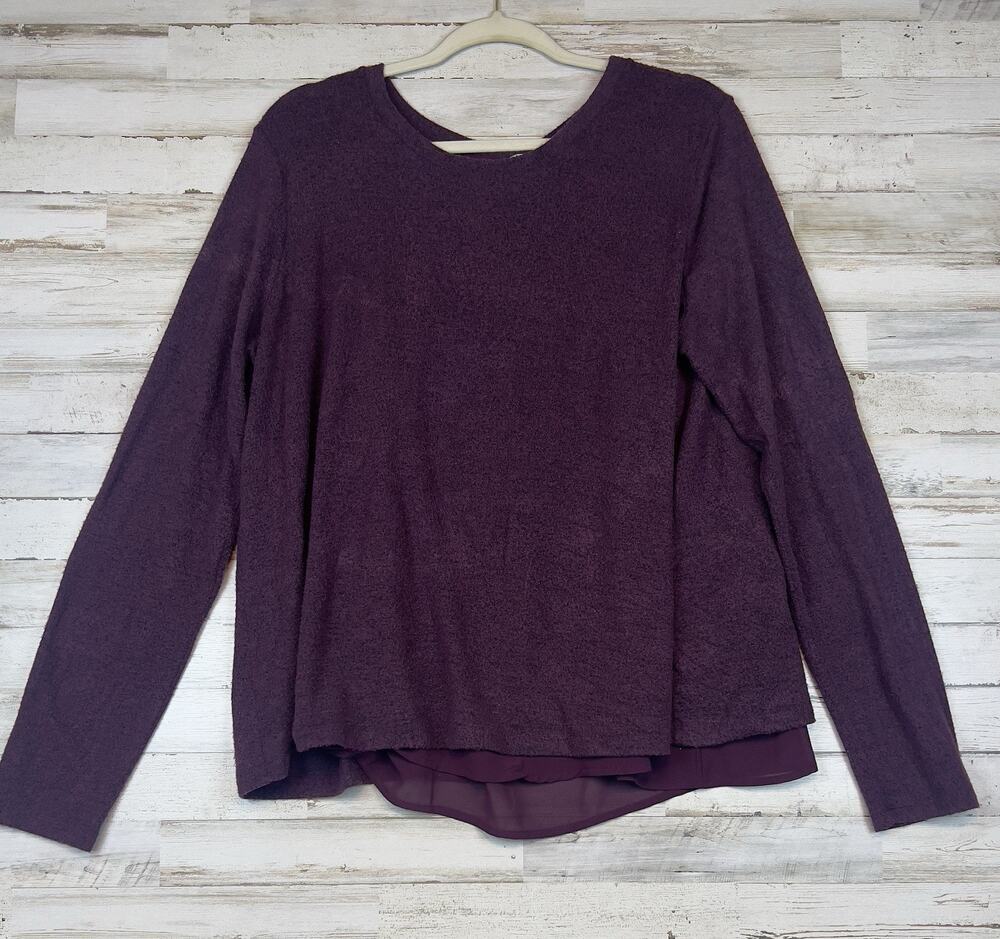 Bobeau Lightweight Sweater Womens L Purple Heathered Sheer Back Long Sleeve Top
